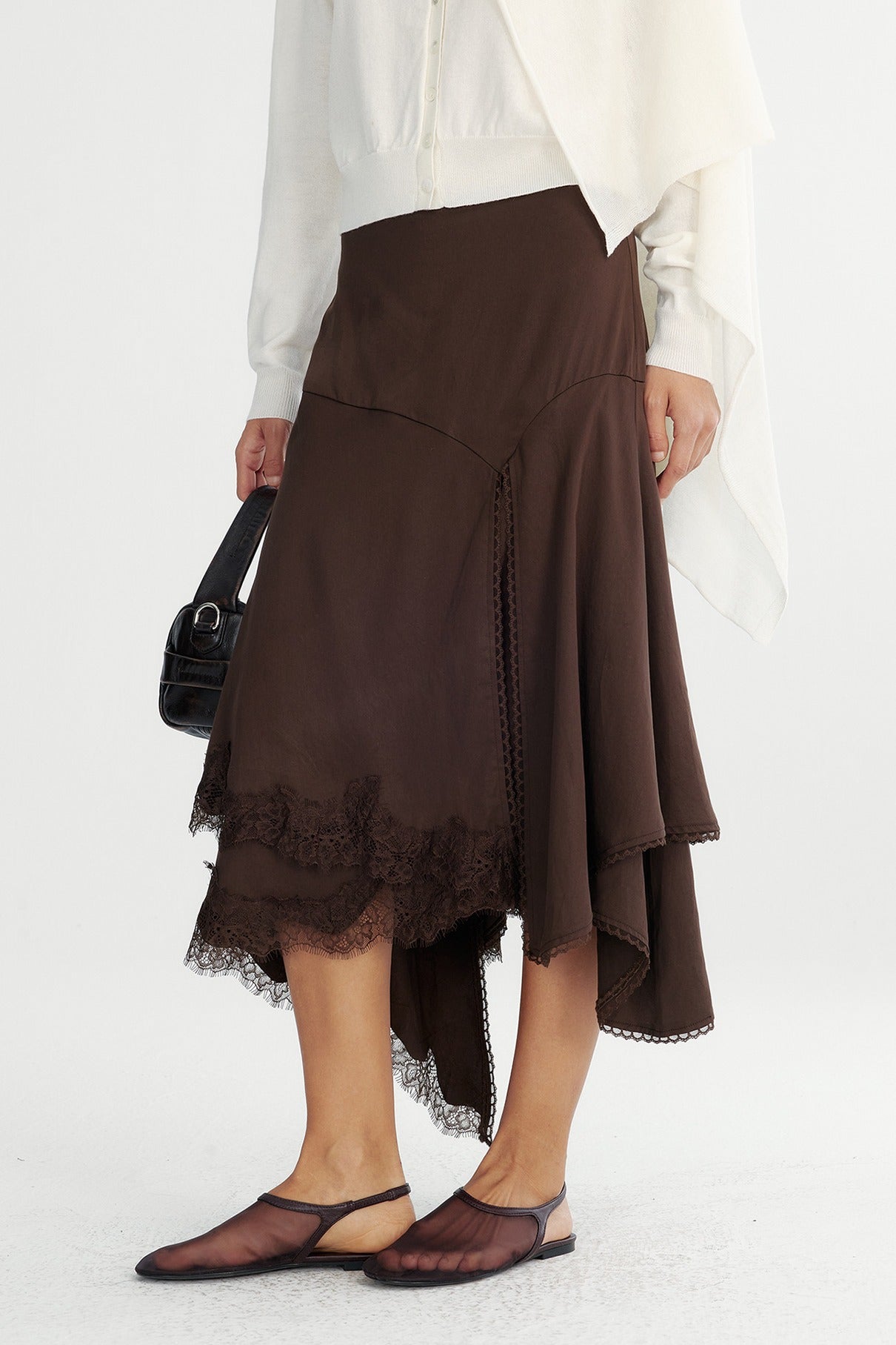 Lyocell irregular hem lace insets A-line skirt | 2 color