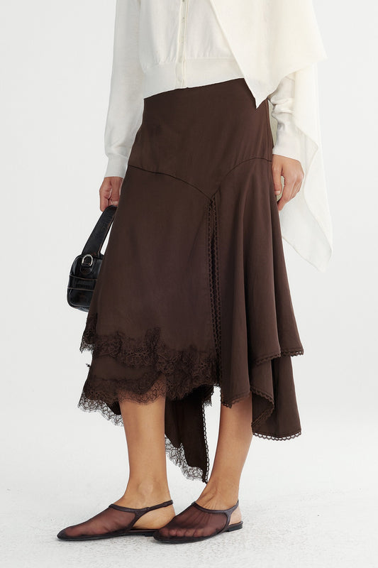 Lyocell irregular hem lace insets A-line skirt | 2 color