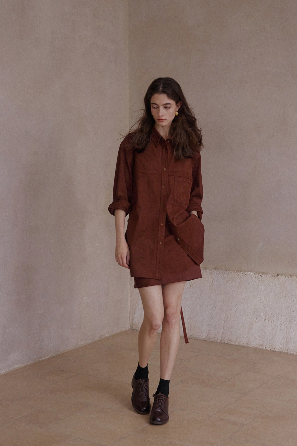 Elastic mid-length suede feel drawstring waist shirt-jacket | 3 color