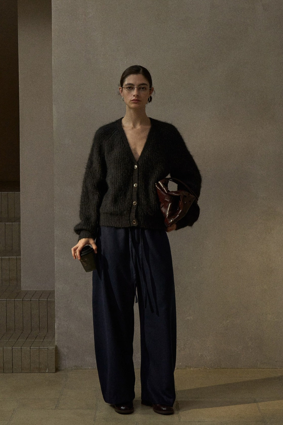 Cárdigan de cuello en V con textura esponjosa en mezcla de alpaca | 4 colores