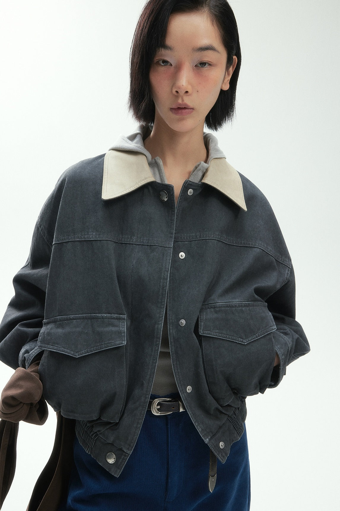 Chic style multi-pockets contrast collar bomber jacket | 2 color