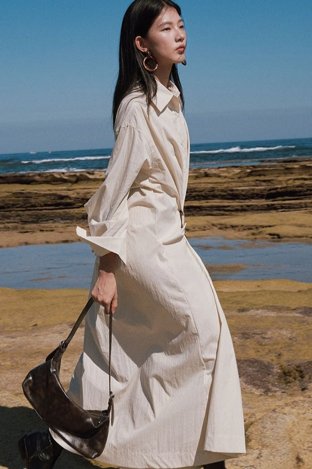 Cotton-nylon knot-belt minimal shirtdress | 3 color