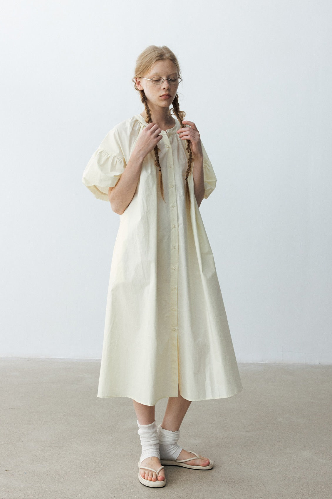 100% cotton bubble sleeves relaxed-fit dress | 4 color