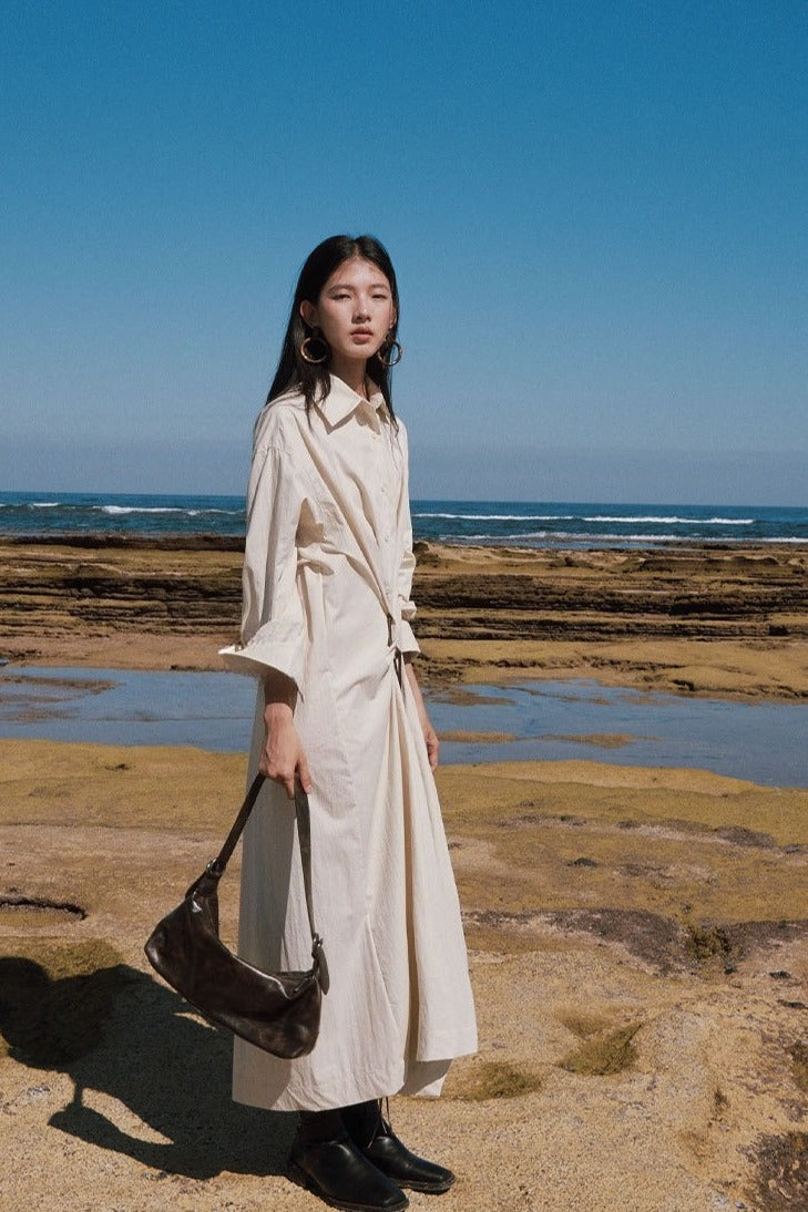 Cotton-nylon knot-belt minimal shirtdress | 3 color