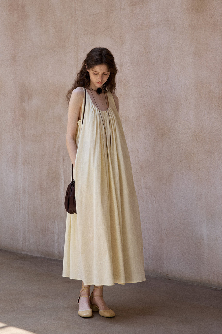 100% cotton pleated U-neck sleeveless dress | 3 color