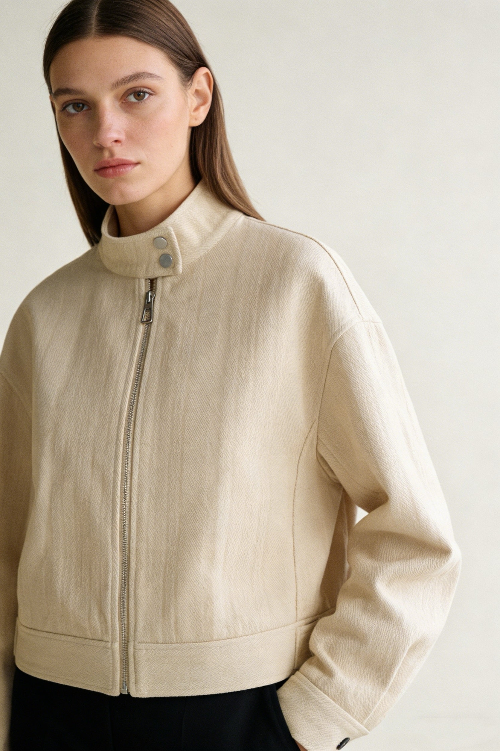 100% cotton herringbone texture cropped jacket