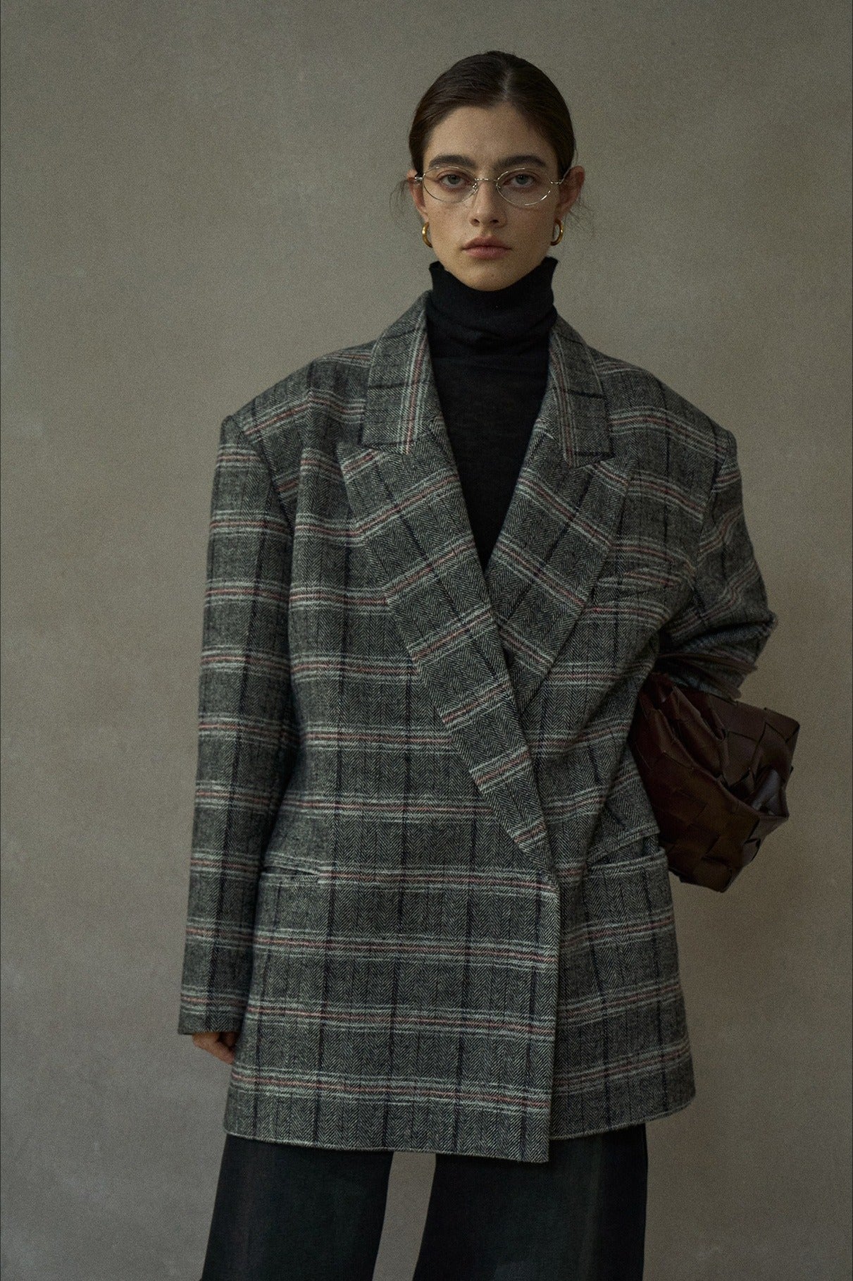 Wool containing plaid pattern super loose blazer | 2 color