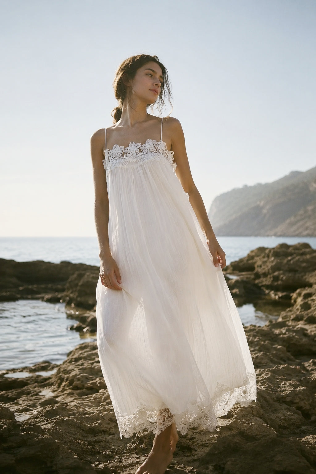 Tencel blend floral embroidery halter dress