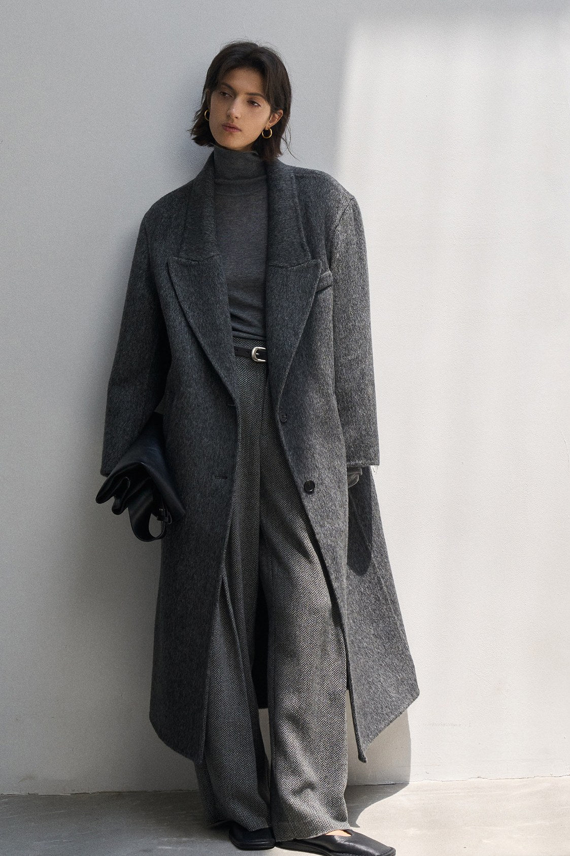 Wool blend alpaca peak lapel overcoat with scarf | 3color