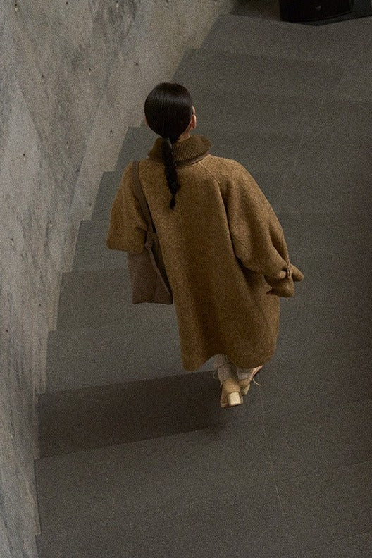 Wool-silk-angora stand-up collar large lapel mid-length coat