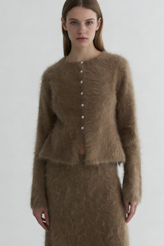 Otter-fleece blend waisted plush cardigan+skirt | bubble tea