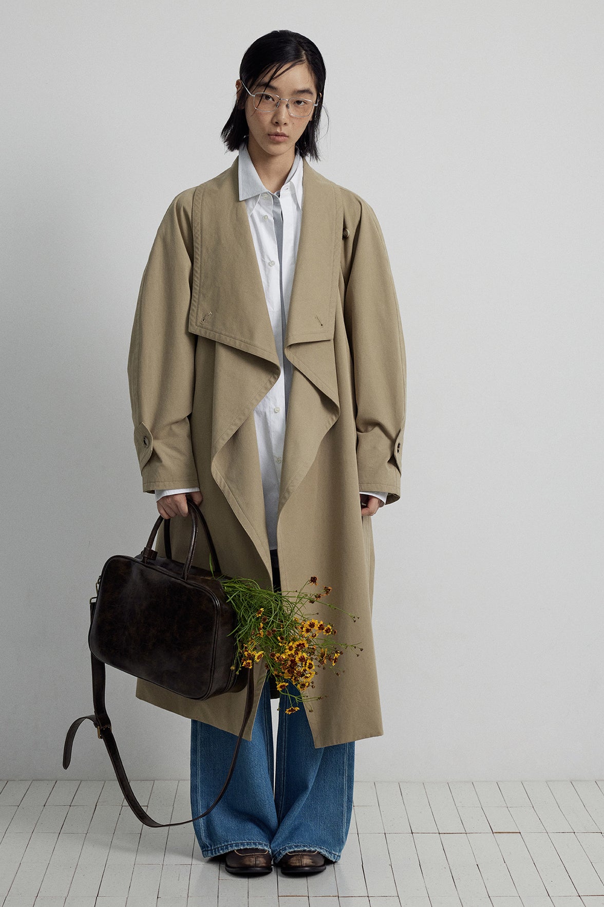 100 cotton wide flipped collar oversized trenchcoat | 3 color