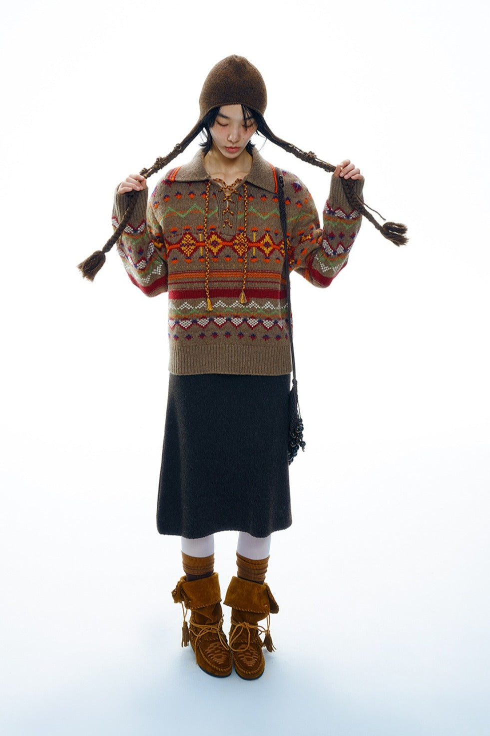 Wool retro style tie-neck collar sweater | 2 color