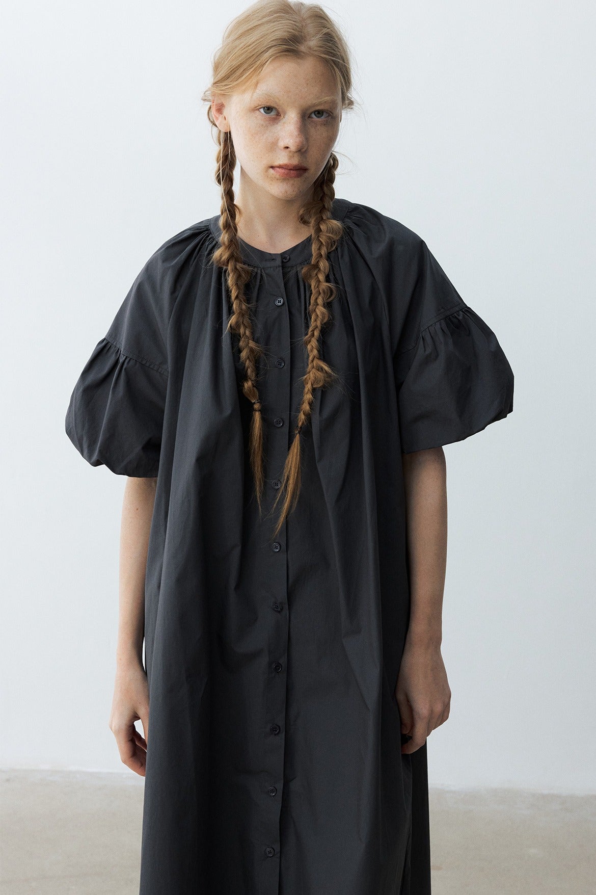 100% cotton bubble sleeves relaxed-fit dress | 4 color