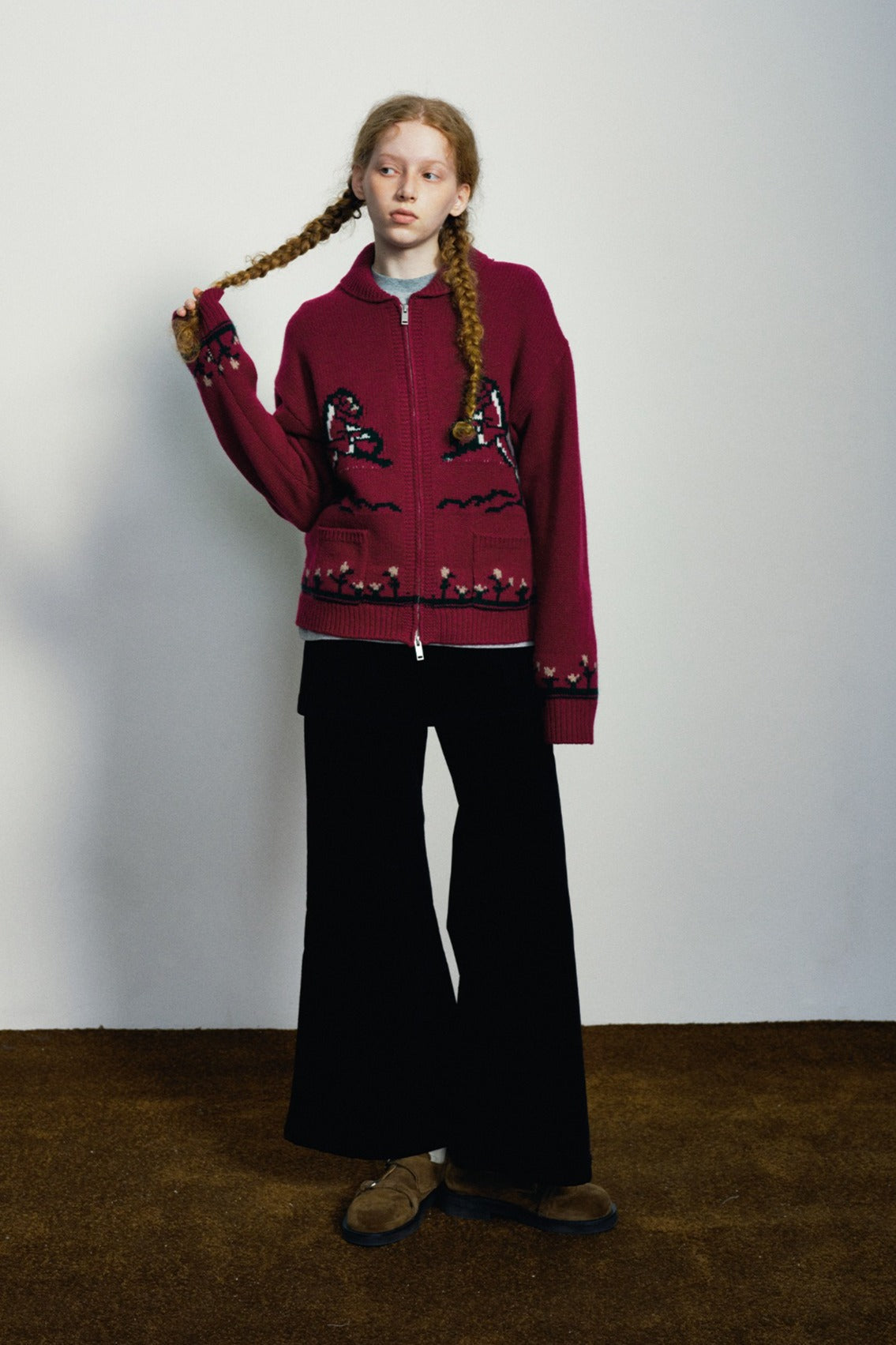 100% sheep wool horse jacquard zip-up cardigan | 4 color