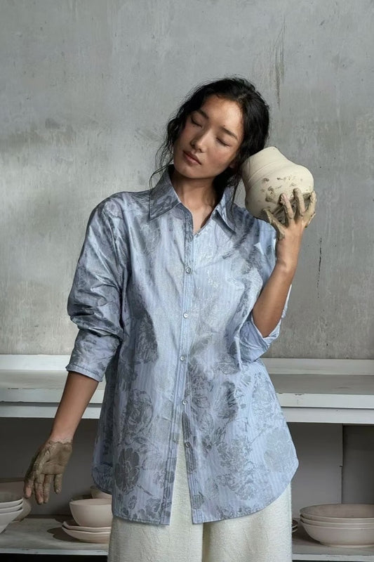 100% cotton silver-color-rose stripes shirt