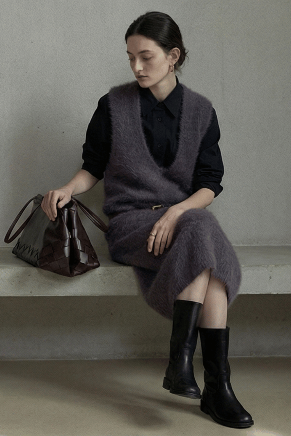 Alpaca wool blend V-neck plush vest dress | 3 color