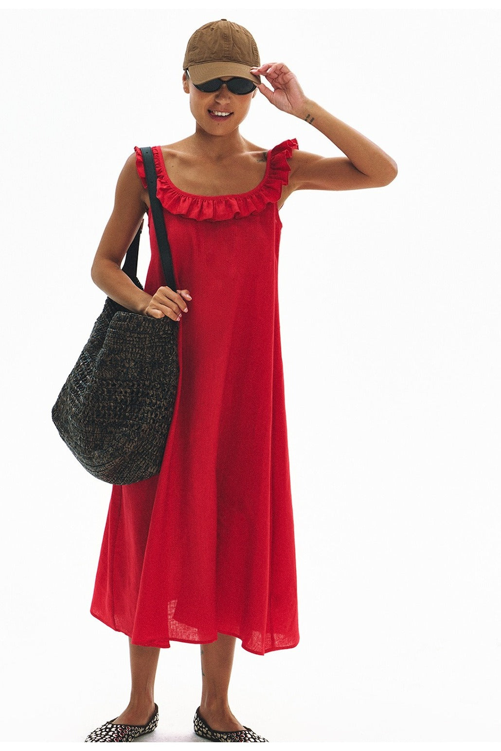100% linen U-neck ruffle neckline dress | 3 color