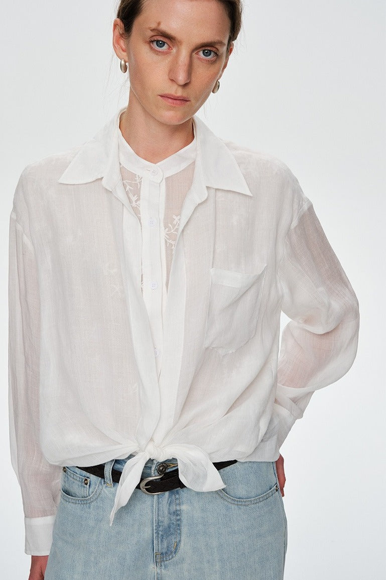 100% ramie lightweight faux-layer embroidery shirt | 3 color