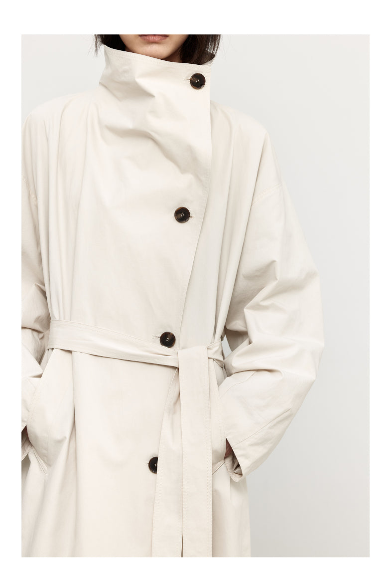 Stand wide collar cotton trench coat | 3 color – Polyphonie