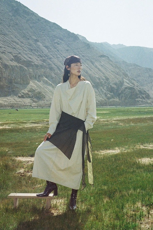 Cotton Drape Collar Shirt-Dress