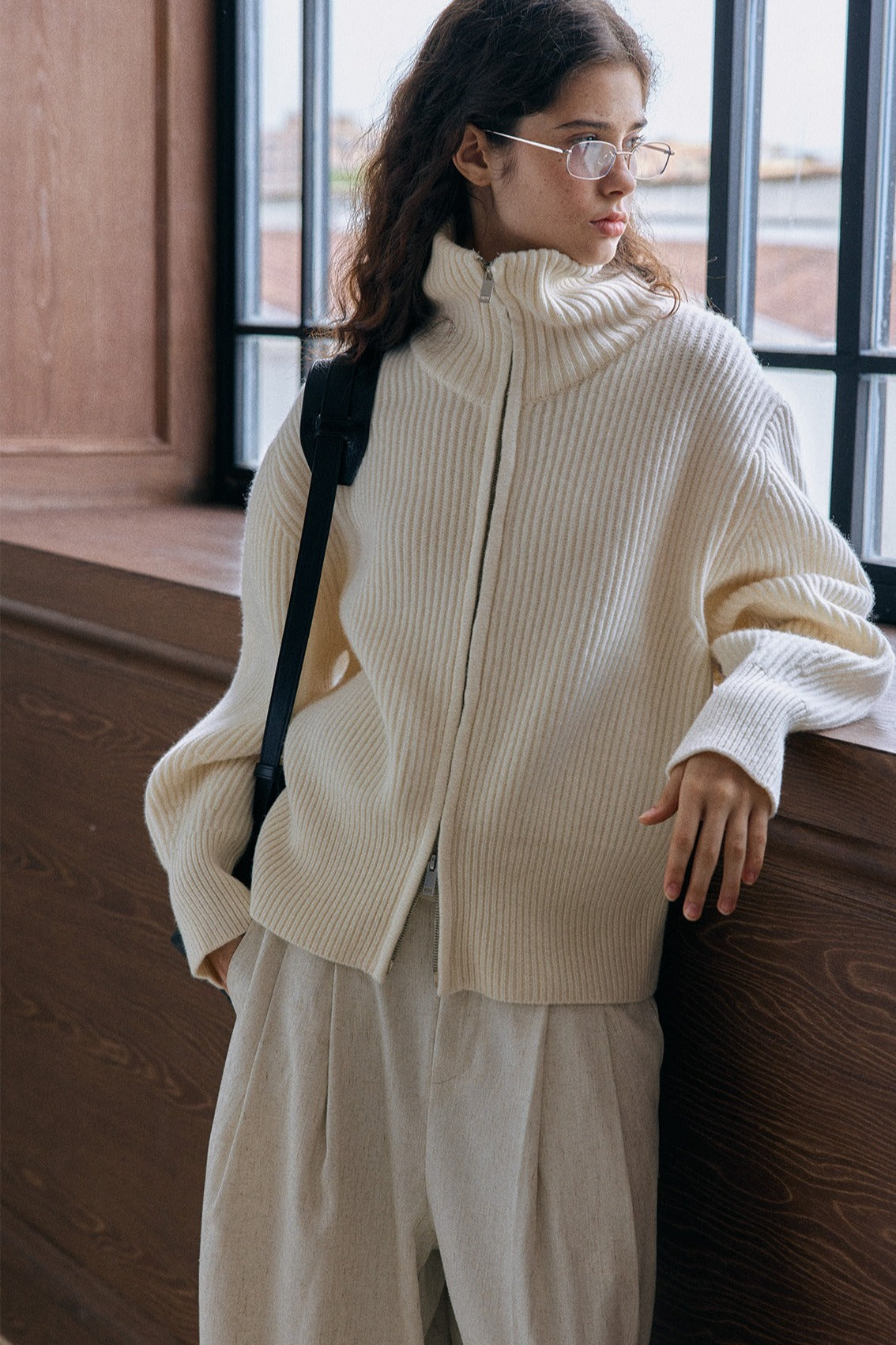 100% wool rib high collar dual-zipper cardigan