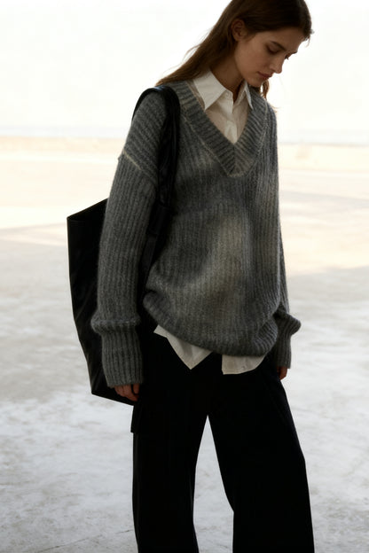 Chunky knit loose-fit V-neck drape sweater | 4 color