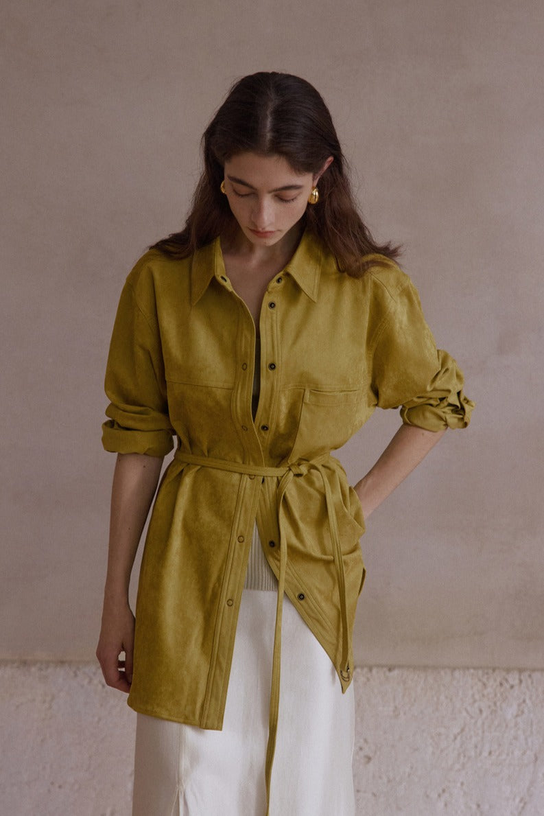 Elastic mid-length suede feel drawstring waist shirt-jacket | 3 color