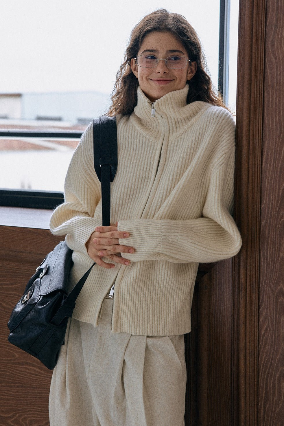100% wool rib high collar dual-zipper cardigan
