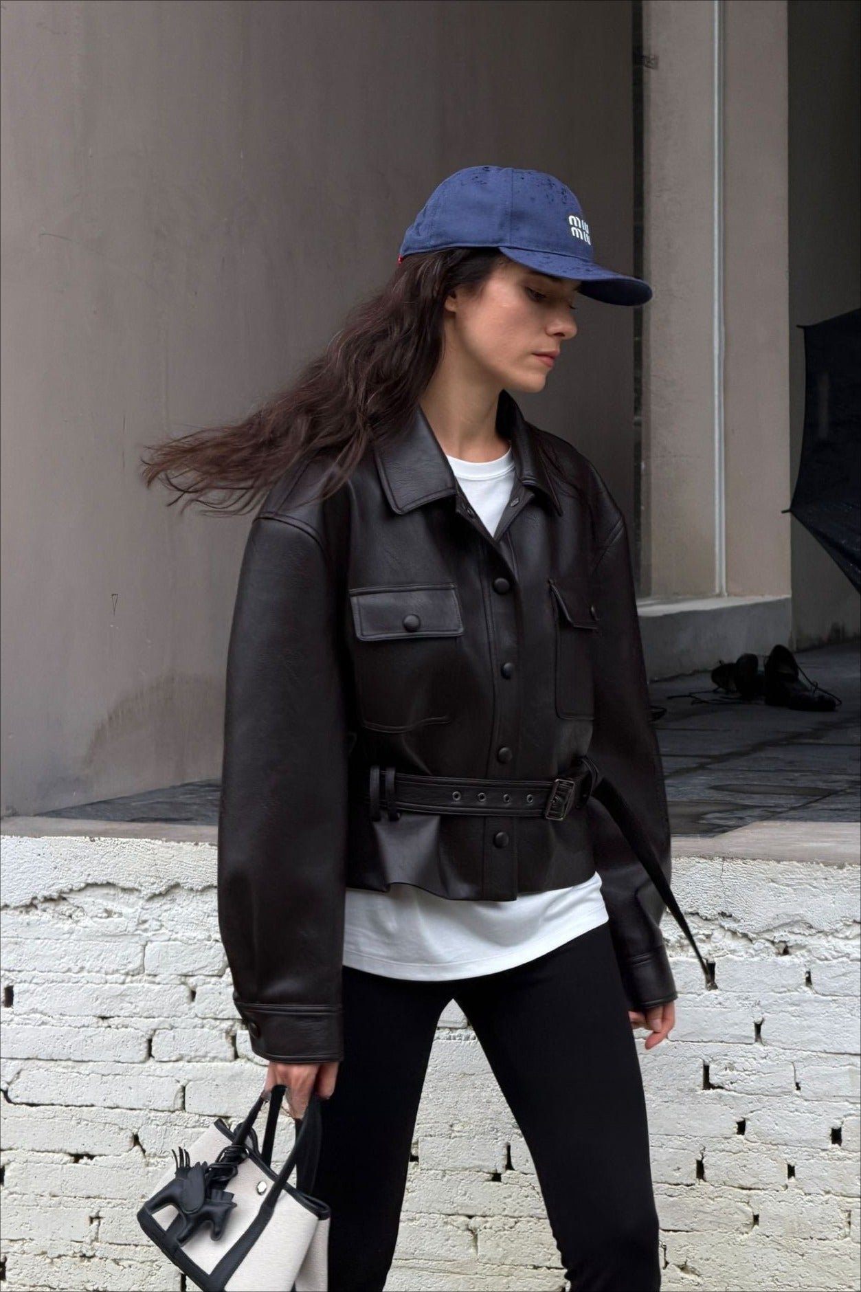 Cropped tie waist PU jacket | 2 color
