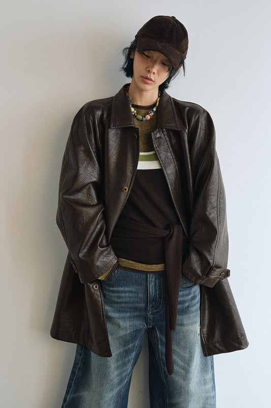 Mid-length cracked finish matte PU jacket | 2 color