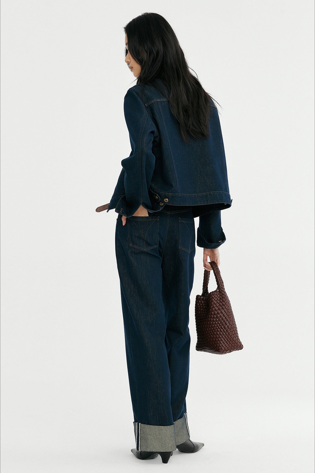 Cotton blend straight leg folded cuff jeans