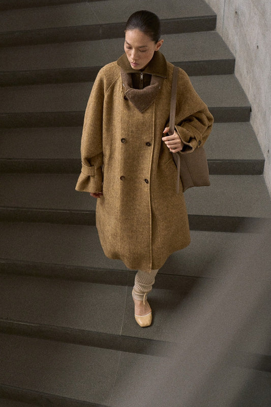 Wool-silk-angora stand-up collar large lapel mid-length coat