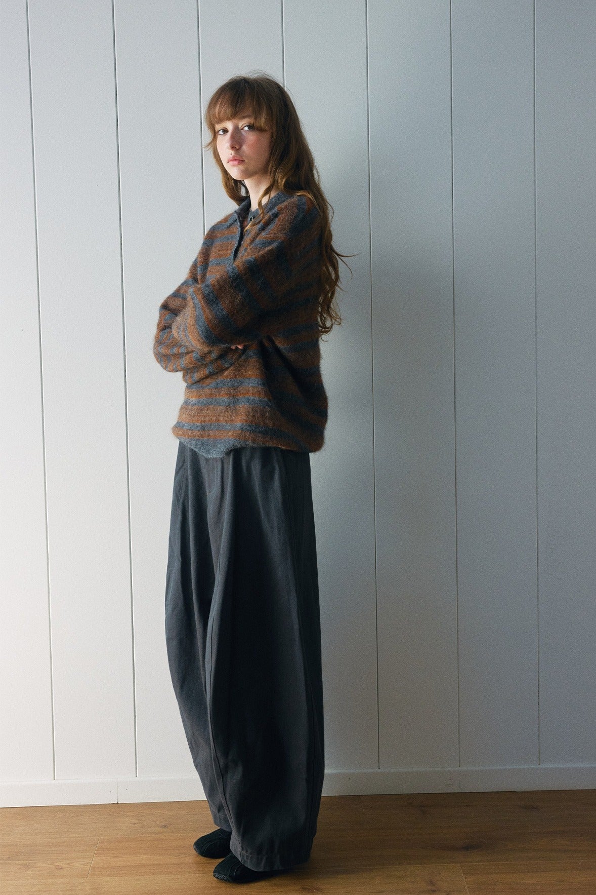 Alpaca blend striped long-hair polo sweater | 4 color