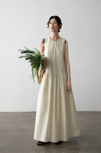 Cotton blend pleated A-line sleeveless dress | 4 color