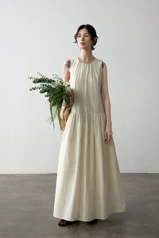 Cotton blend pleated A-line sleeveless dress | 4 color