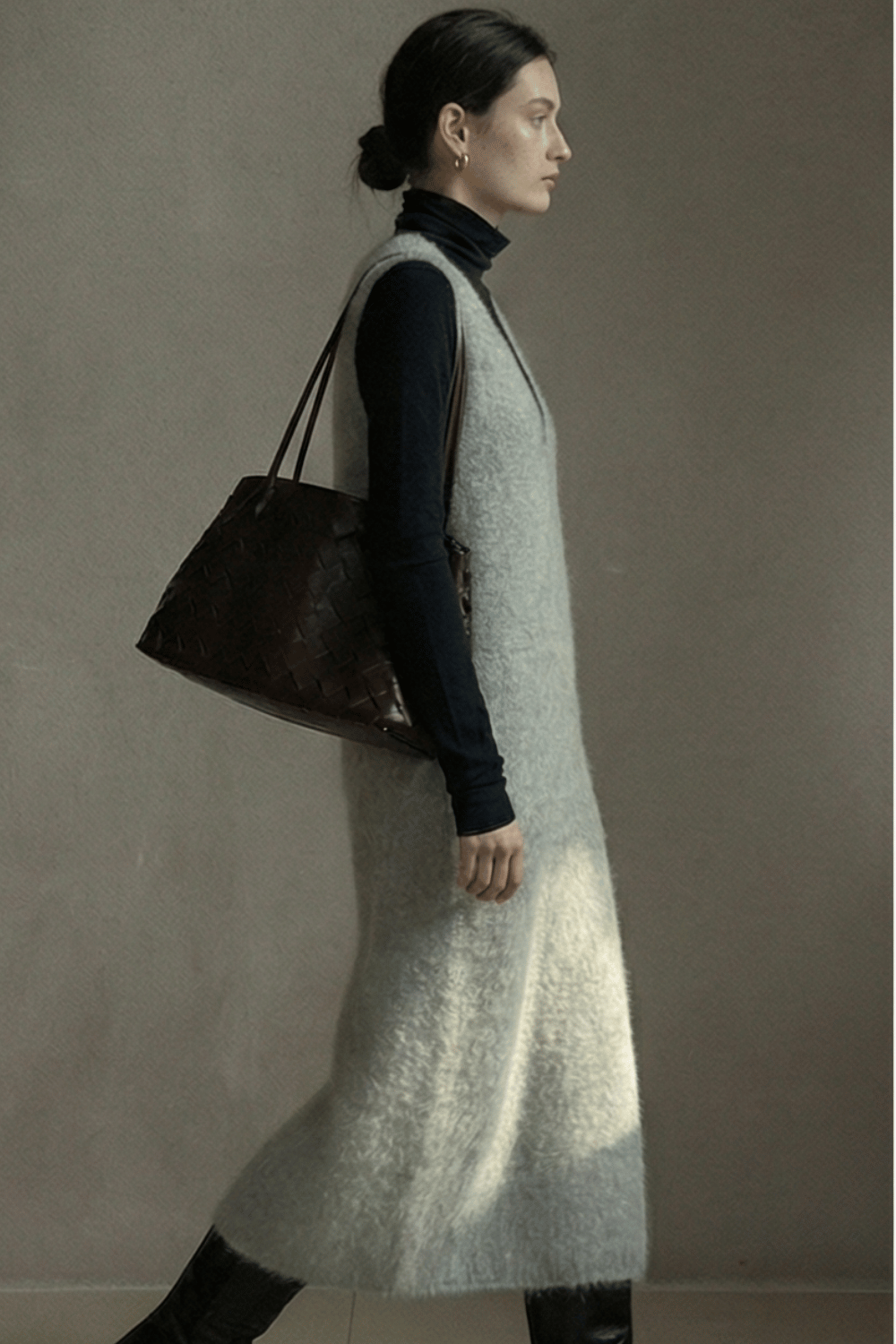 Alpaca wool blend V-neck plush vest dress | 3 color