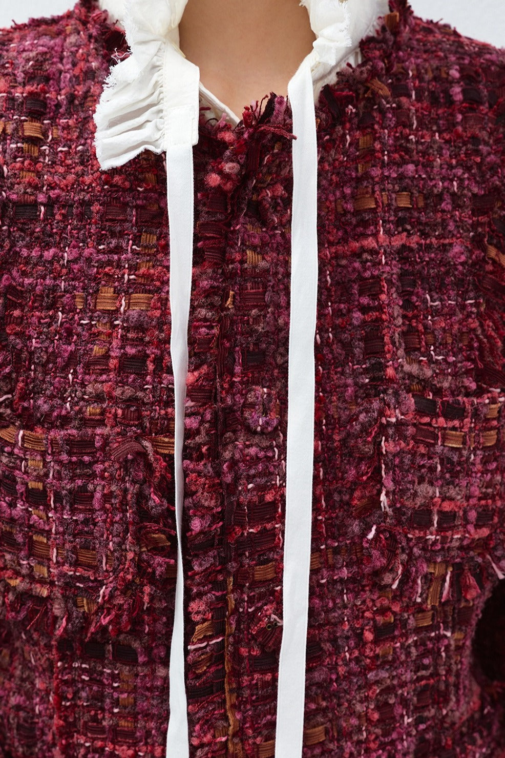 Wool blend cherry-red waisted tweed jacket