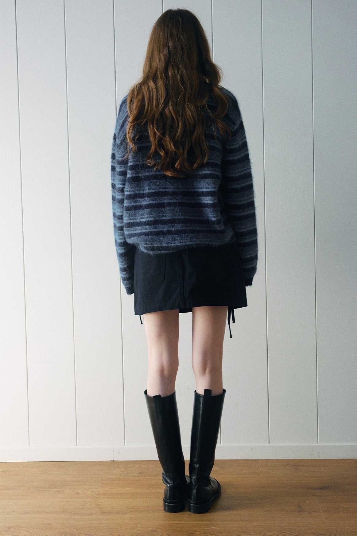 Alpaca blend striped long-hair polo sweater | 4 color