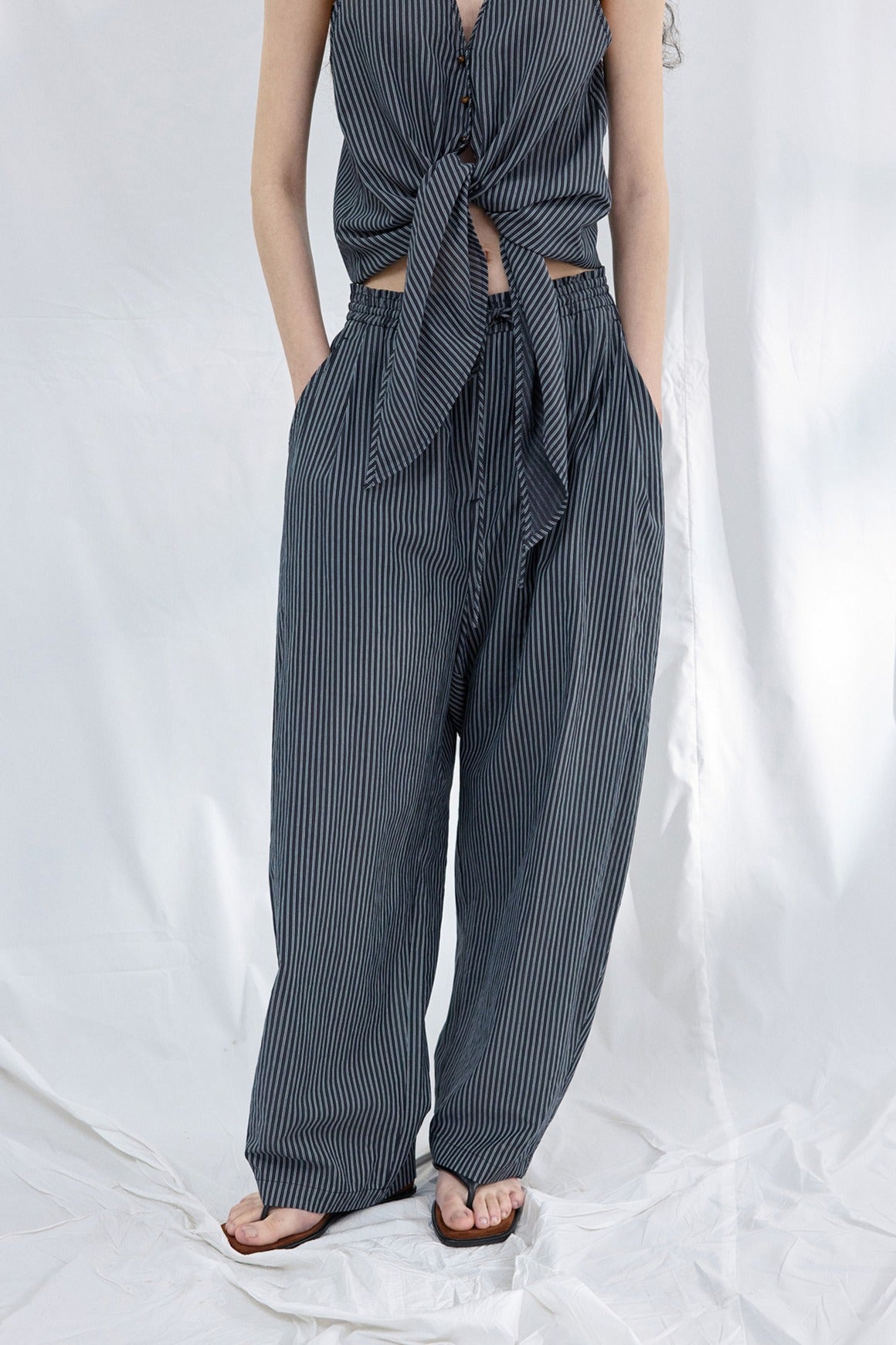 Lyocell blend loose fit stripped pants | 2 color