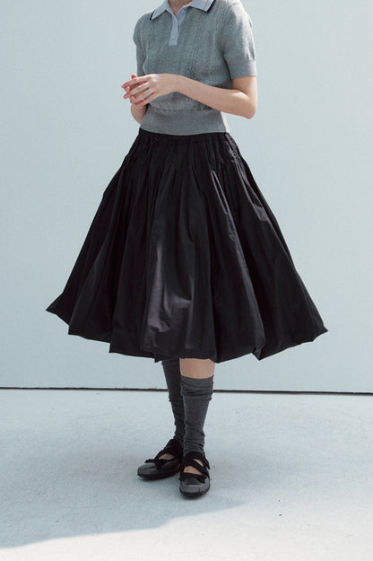 100% cotton elastic waist voluminous hem midi skirt | 2 color