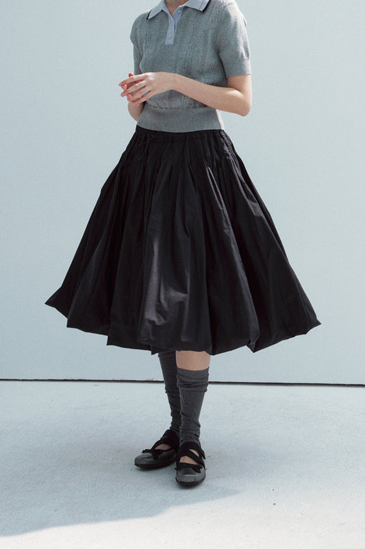 100% cotton elastic waist voluminous hem midi skirt | 2 color