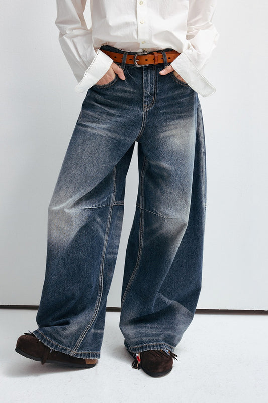 Cotton retro-style raw edge wide-leg jeans