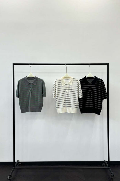 Wool containing stripe polo knitwear | 3 color