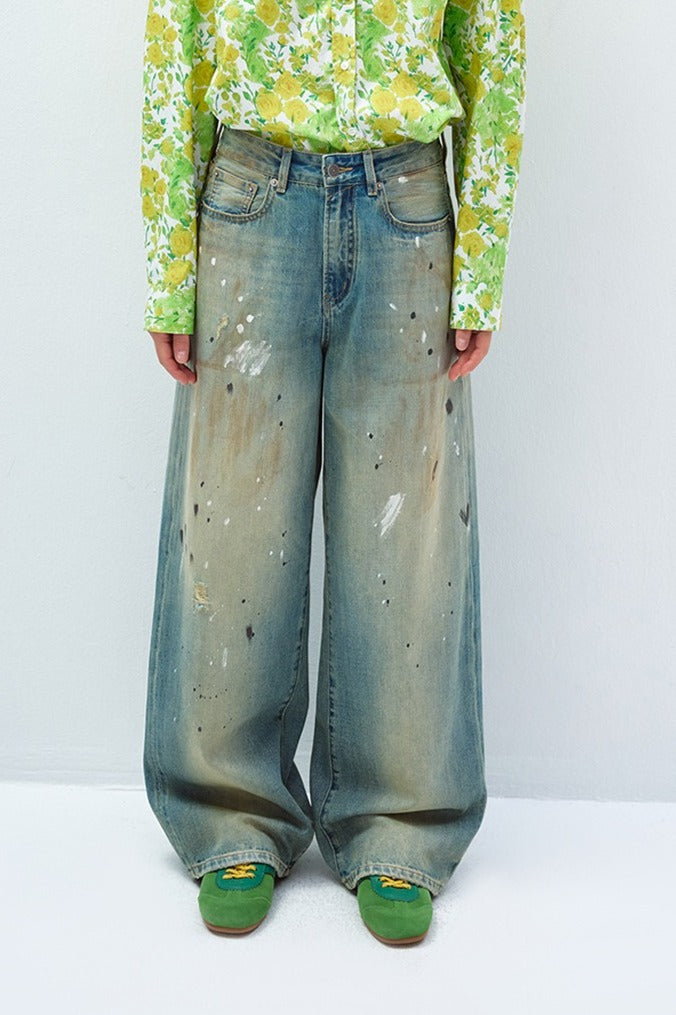Washed cotton  pigment splatter retro-style jeans | 3 color