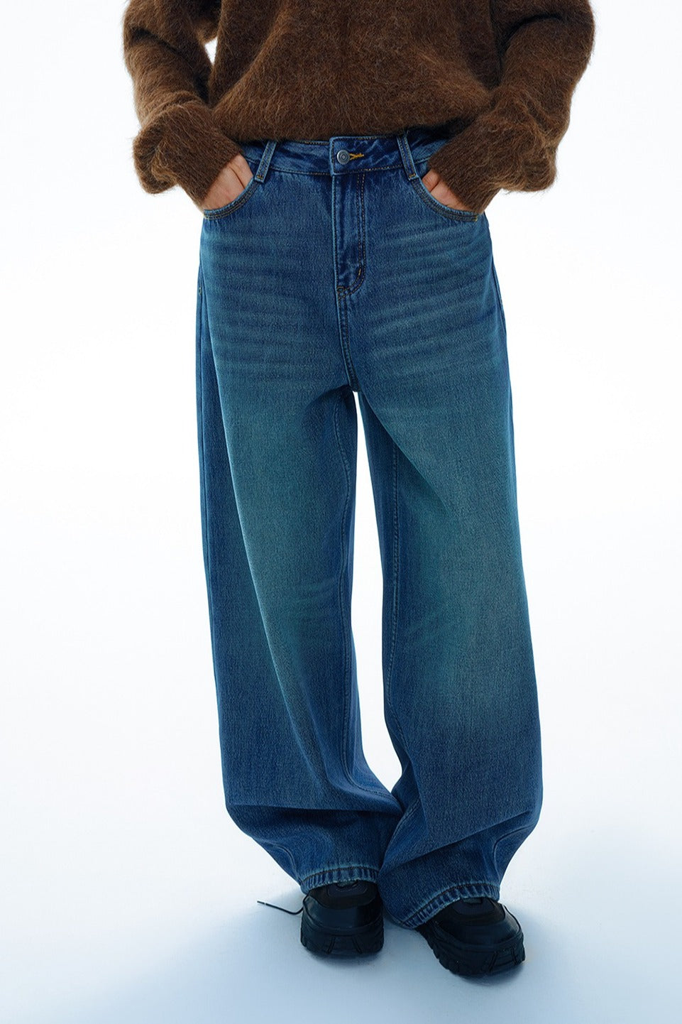 Cotton denim vintage-washed fleece-lined jeans | 2 color