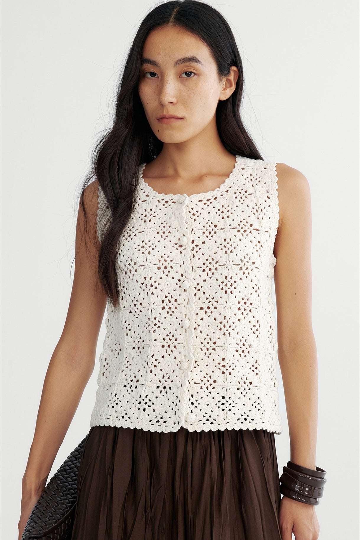 Cotton blend Hand-crocheted lace panels vest | 2 color