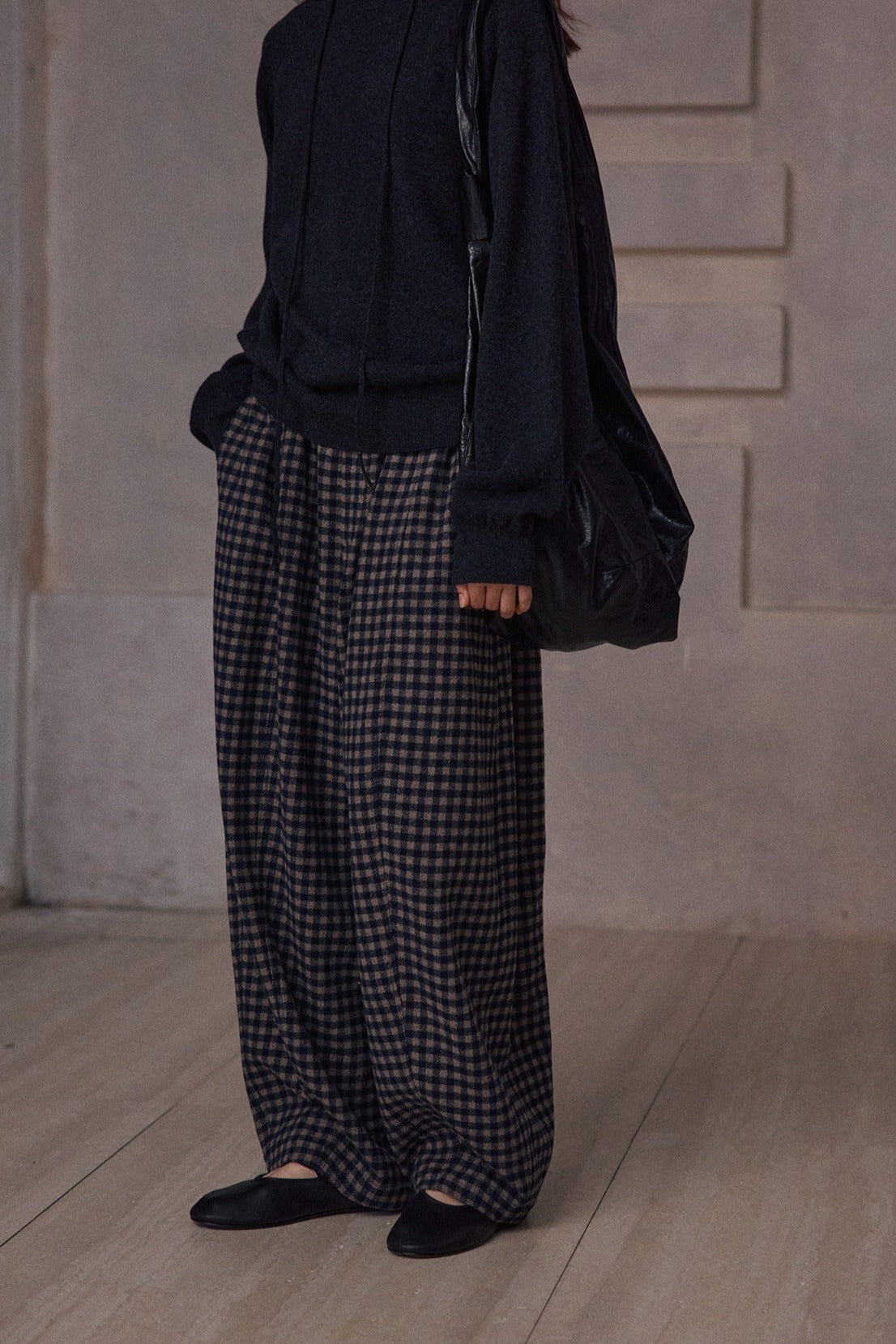 Wool blend check pattern loose structure pants | 2 color