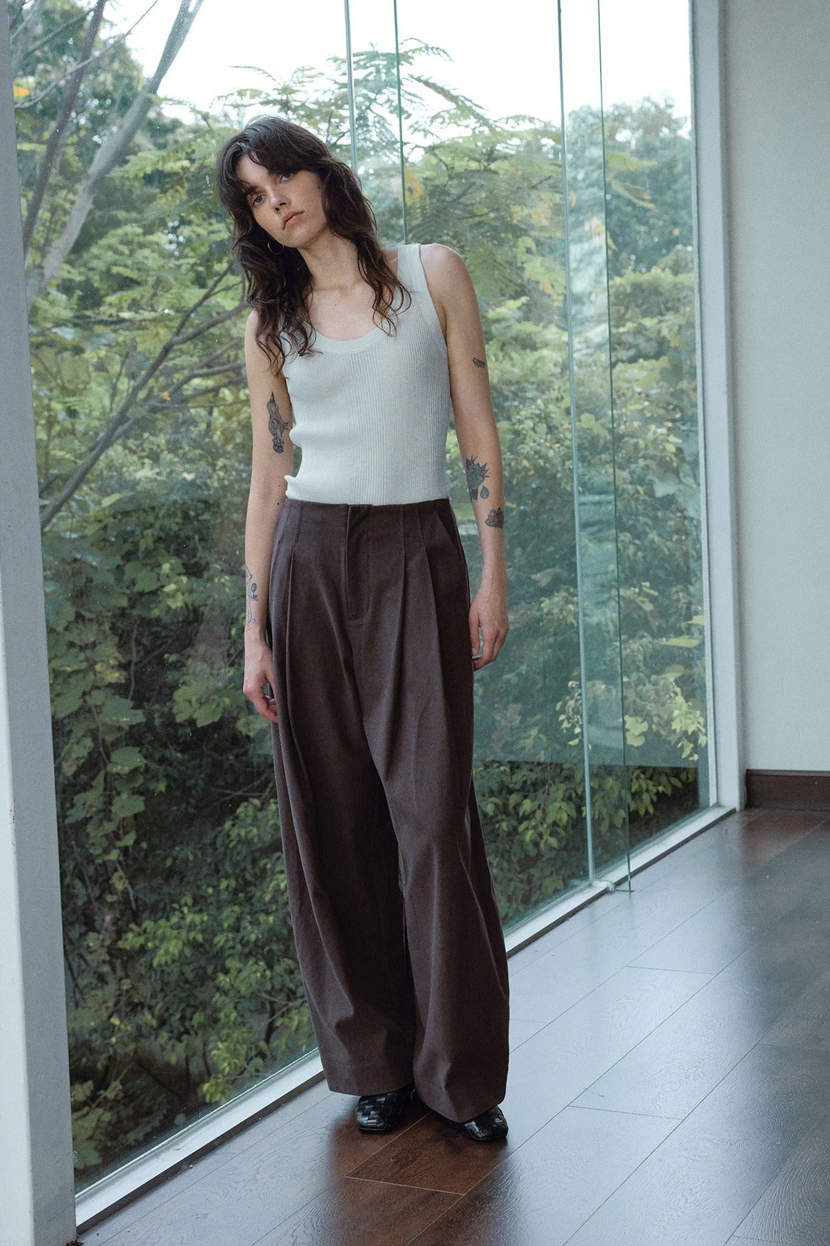 Cotton blend pleated waist casual wide leg pants | 3 color