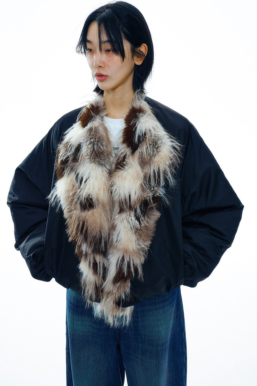 Vintage cropped jacket with plush collar